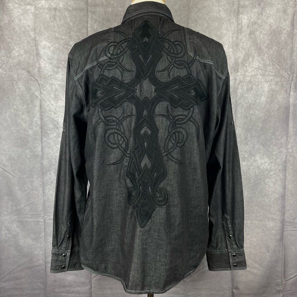 Y2K Roar Men's Black Embroideed Cross Long Sleeve Snap Shirt XXL Get It Done!